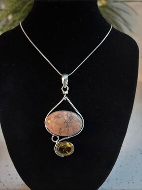Sterling Silver Dendrite Opal & Citrine Gemstone Pendant Necklace